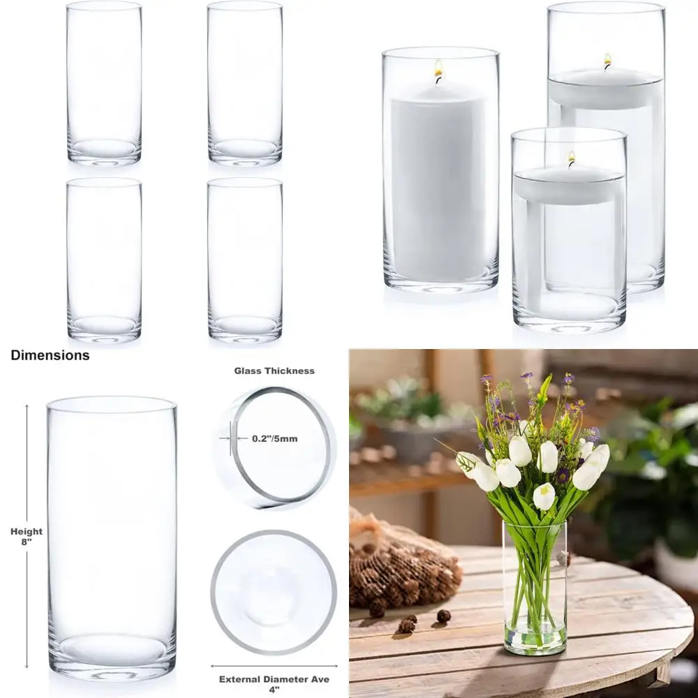 

Набор из 4 цилиндрических ваз из прозрачного стекла для цветов, свечей и декоративного использования, высота 4 В x 8 часов, идеально подходит для столярных свечей и