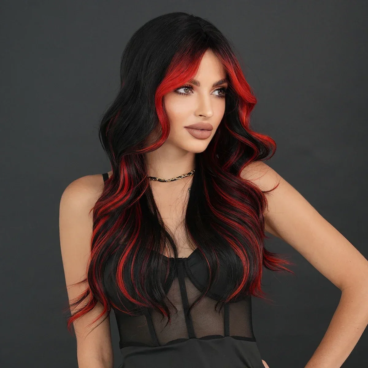 Loose Body Wave Black Highlight Red Wig for Women Daily Party High Density Synthetic Middle Part Hair Wig with Curtain Bangs