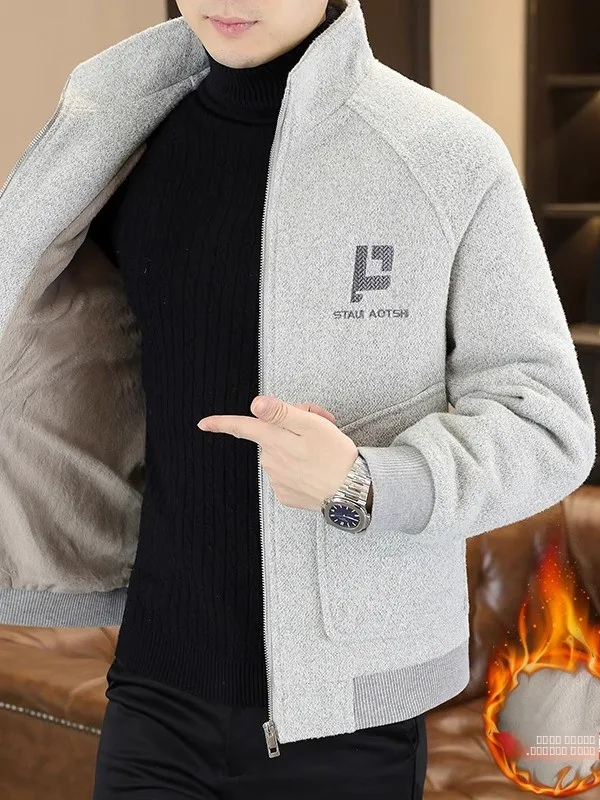 

Мужская осенне-зимняя утепленная шерстяная куртка с воротником-стойкой на флисовой подкладке, повседневная, модная, теплая верхняя одежда для молодежи, на молнии