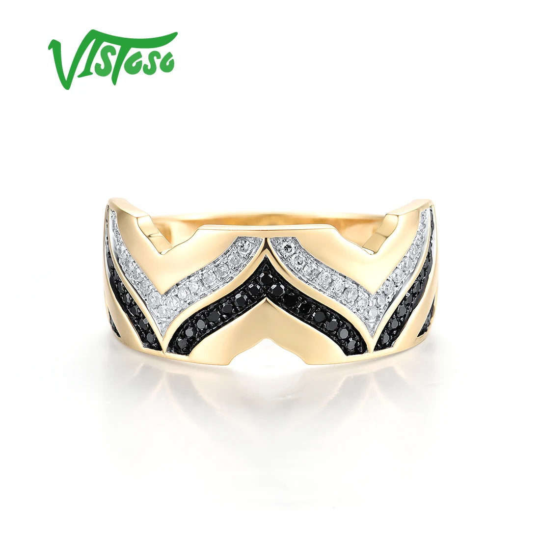 VISTOSO Genuine 14K 585 Yellow Gold Band Ring For Women Sparkling White & Black Diamonds Classic Wedding Engagement Fine Jewelry