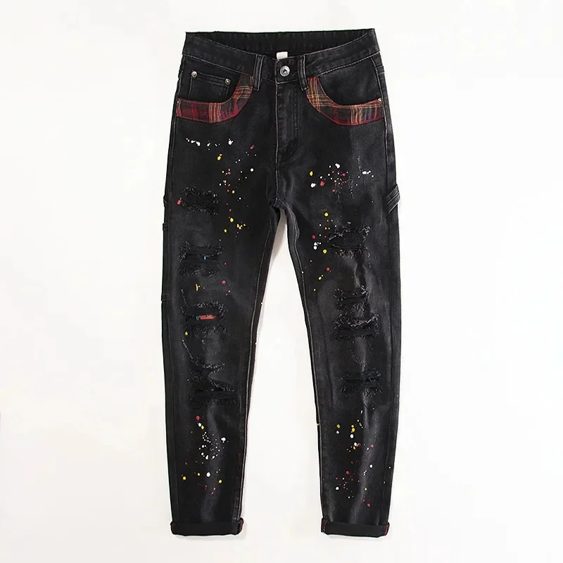 

Broken hole patch, splashed ink black jeans, men's slim fit, small feet, elastic spray paint design, denim pants