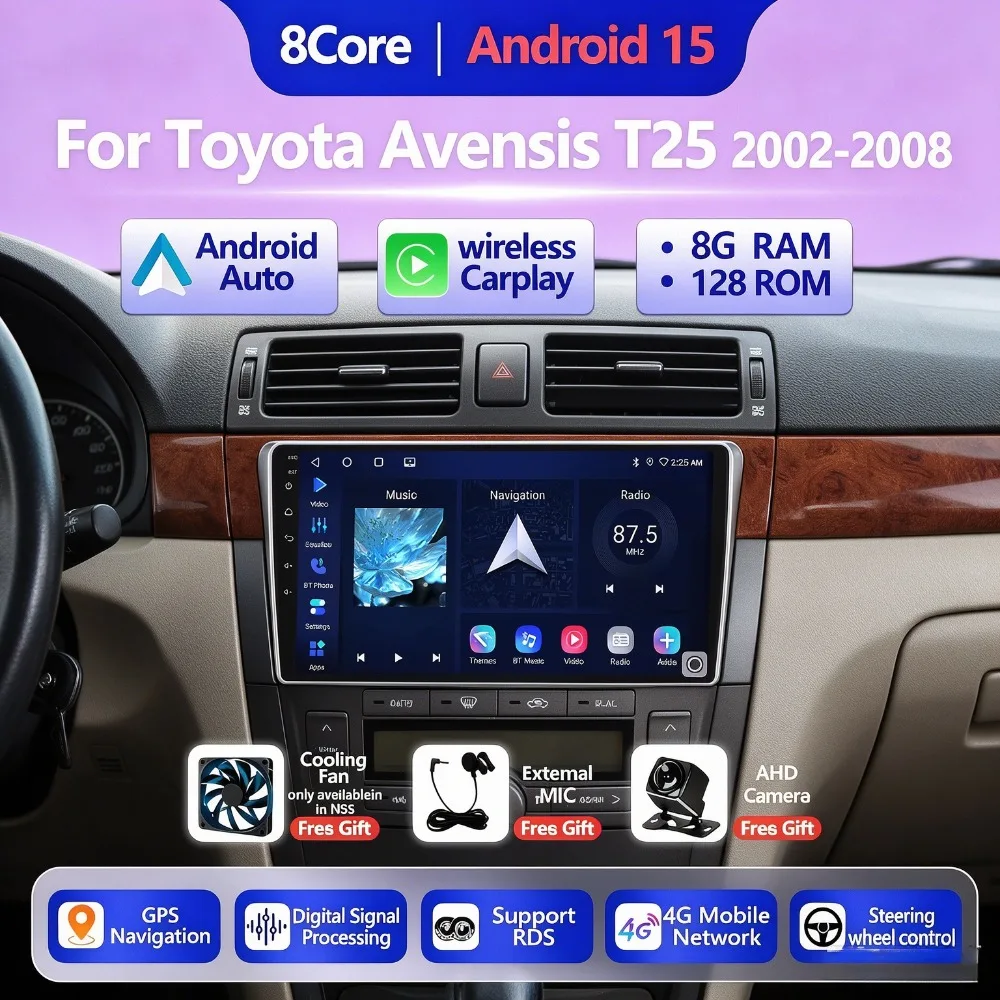 5G Car Radio For Toyota Avensis T25 2 II 2002 - 2008 Android15 Autoradio Multimedia Player Stereo Wireless Carplay NavigationGPS