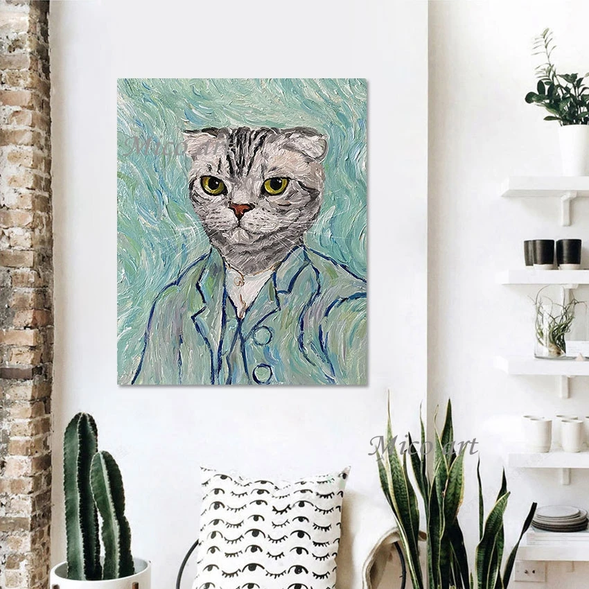 Cat Hand-painting Abstract Animal Painting Canvas Roll Artwork Outdoor Wall Decor Large Living Room Wall Pictures Unframed