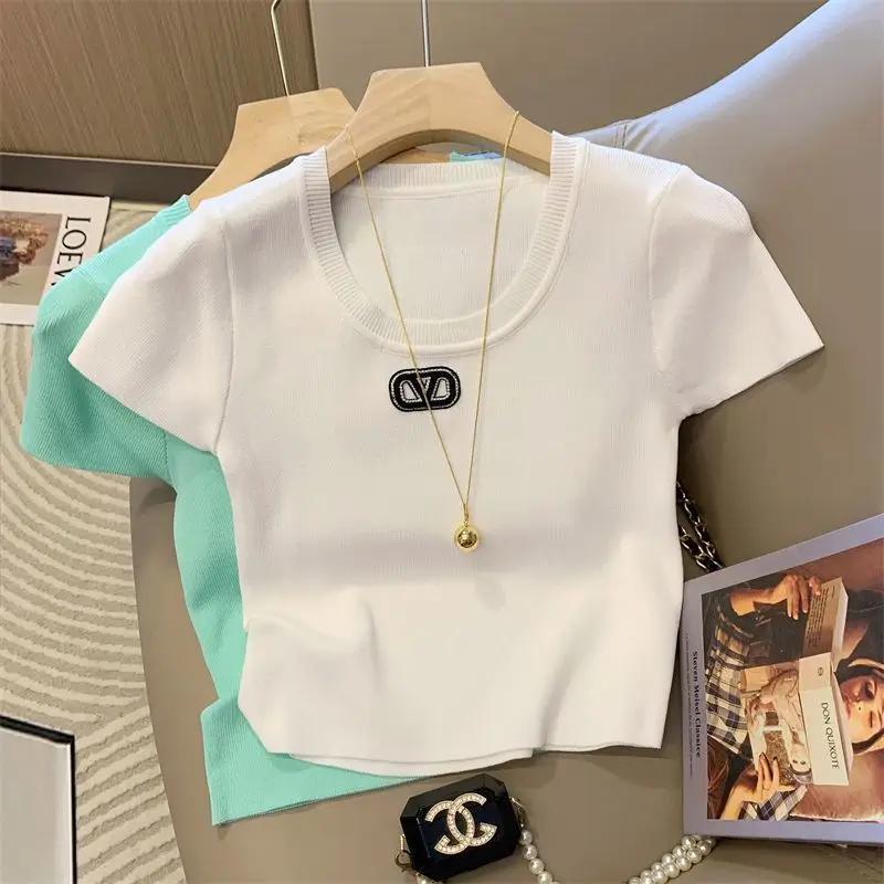 ملابس نسائية أنيقة قصيرة الأكمام متماسكة البلوز الصيف مثير أزياء قصيرة تي شيرت سيدة جولة الرقبة الحلو الشباب نمط أعلى المحملات #3
