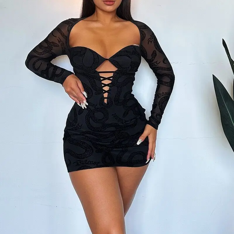 Robe courte moulante en dentelle floquée pour femmes, mode européenne et américaine, manches longues, nouvelle collection automne 2025