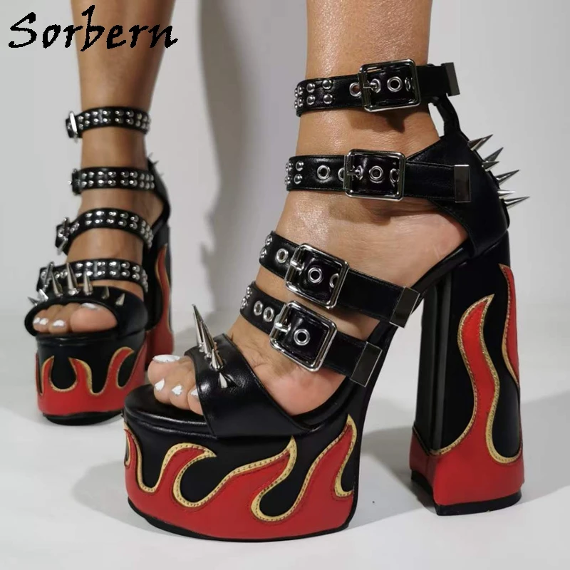 Sorbern Punk Style Rivets Sandals Women Flame Studs Summer Shoes Multi Colors Ankle Straps Gladiator Shoe Eyelets Buckles