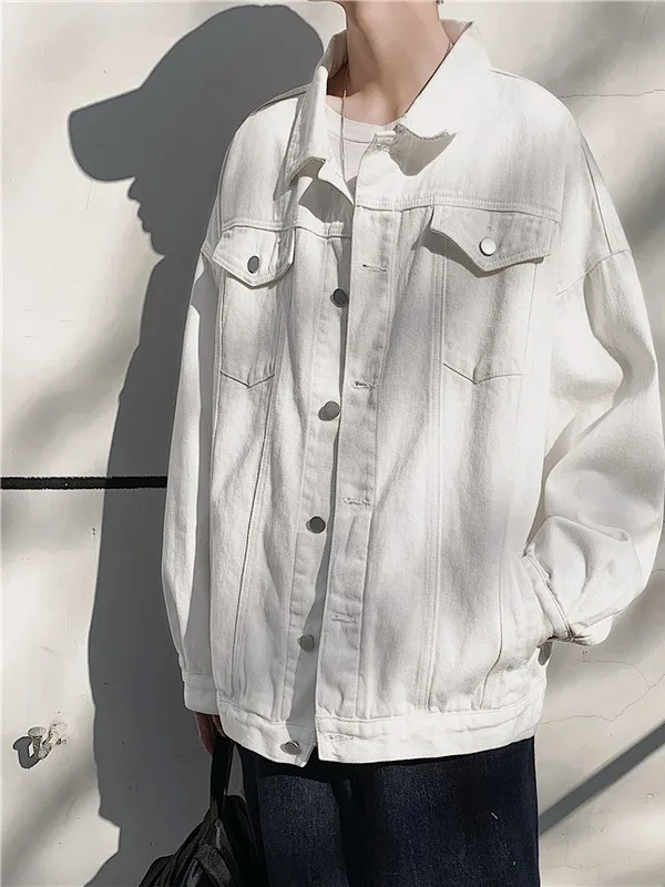 

Fall Men's Loose Fit White Denim Jaet Trendy Workwear Jaet Korean Sle Cotton Polyester Blend Long Sve Outerwear