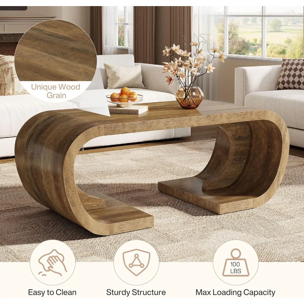 طاولة قهوة المزرعة، 47 طاولة مركزية شديدة التحمل على شكل حرف C مع قاعدة منحنية، طاولة شاي كبيرة لغرفة المعيشة #6