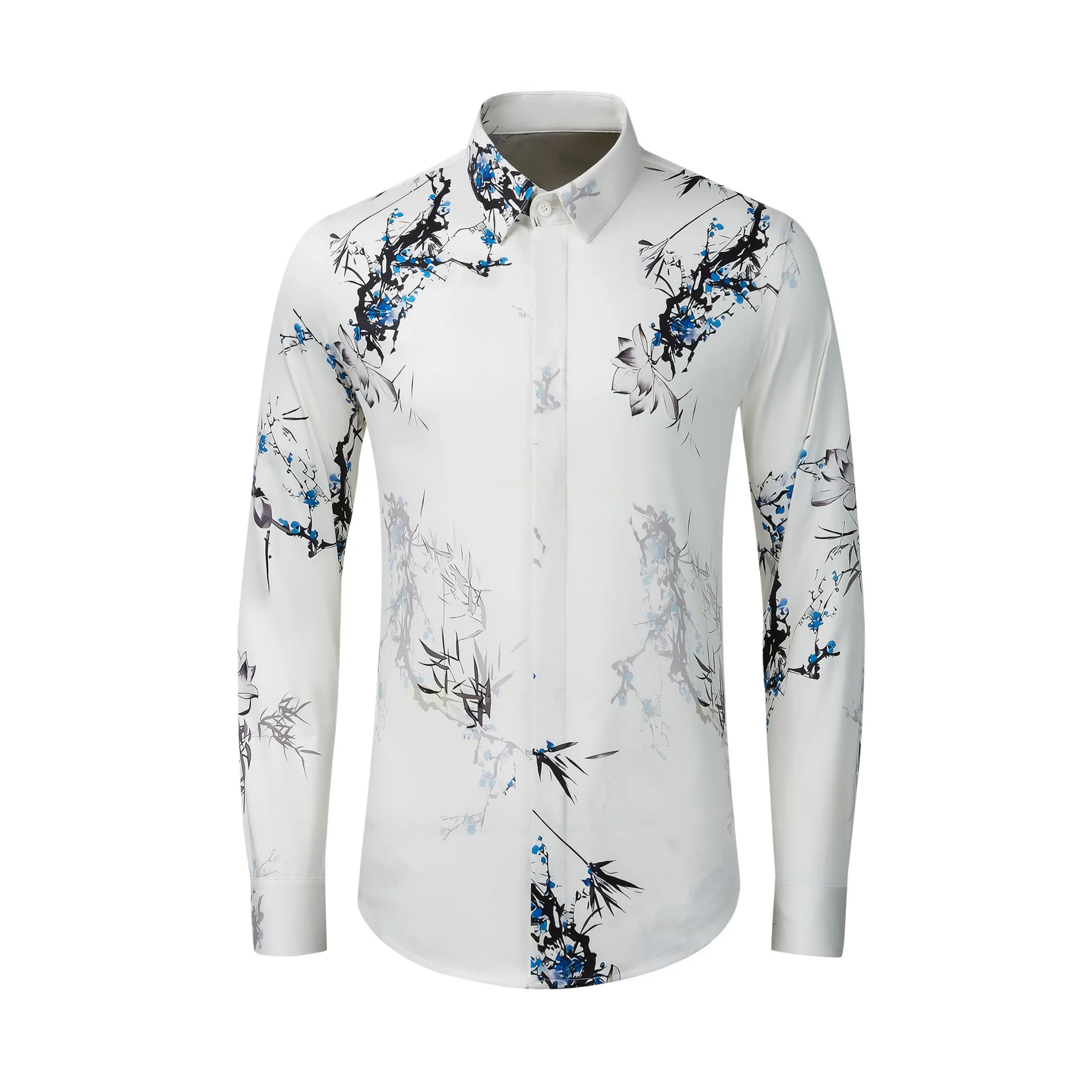 

Men's bamboo and orchid digital printed cotton spinning slim fit shirt with comfortable feel and skin friendly men's clothing