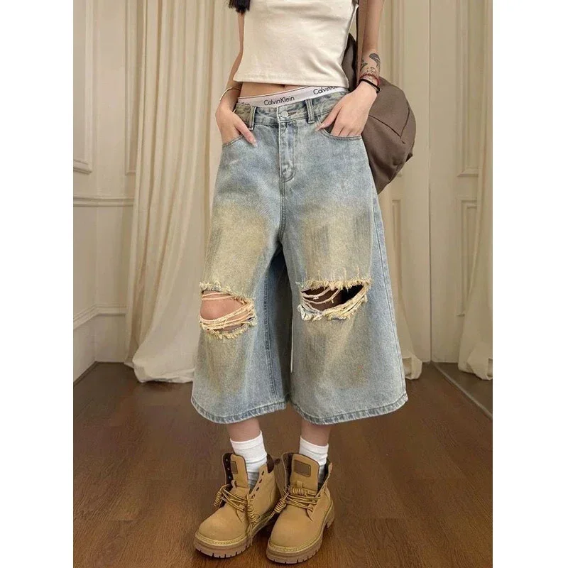 

Women Summer Streetwear Vintage Ripped Jeans Female American Retro Wide Leg Denim Shorts High Street Trashy Casual Hole Pants