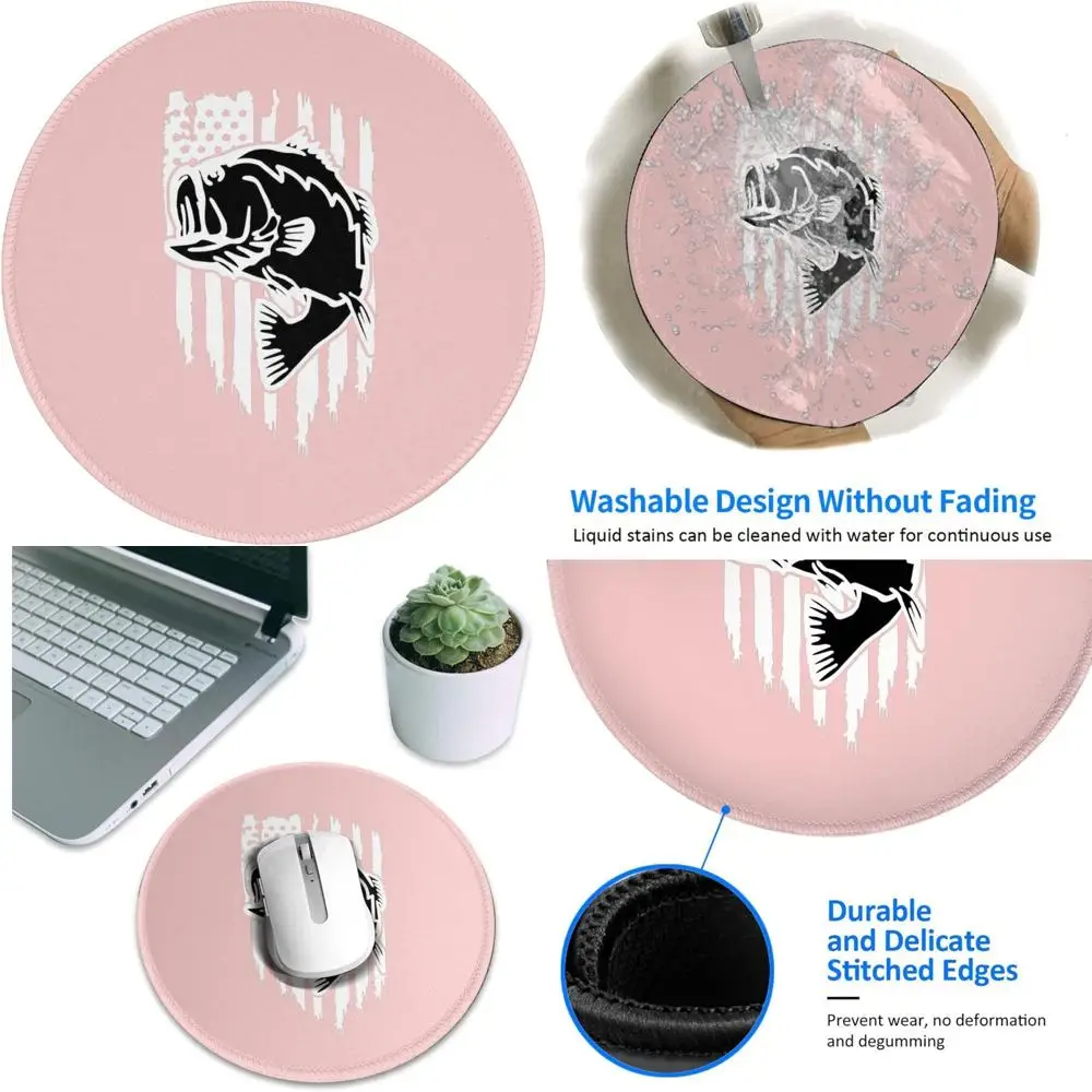 

Premium 8 Round Mouse Pad with American Flag and Largemouth Bass Fishing Design, Pink with Stitched Edge and Anti-Slip Rubber Ba