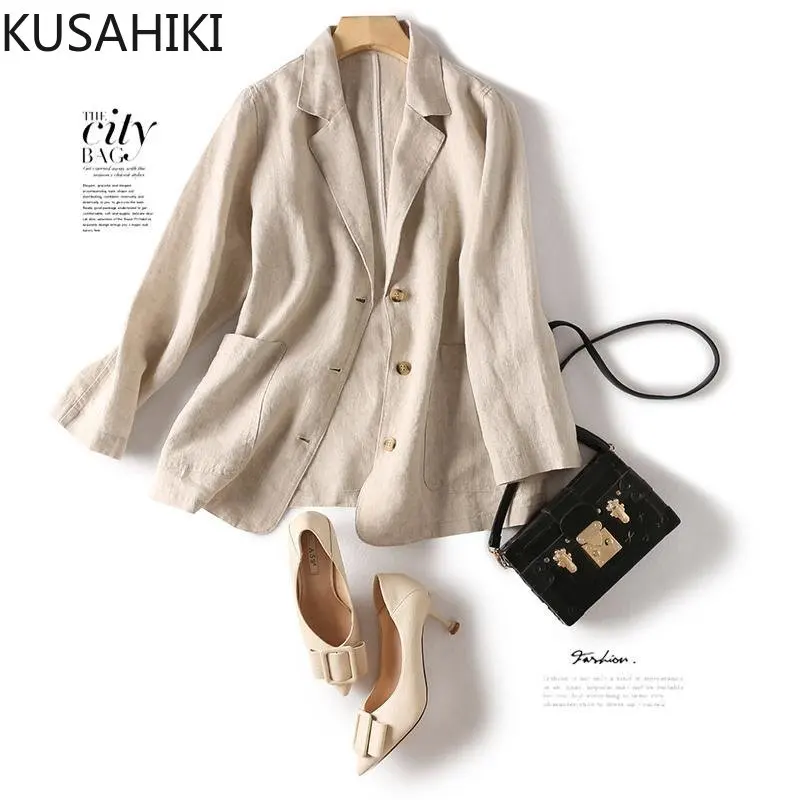 KUSAHIKI Spring Autumn Women Cotton Linen Tailored Coat 2023 New Long Sleeve Turn-down Collar Suit Jacket Causal Korean Blazers