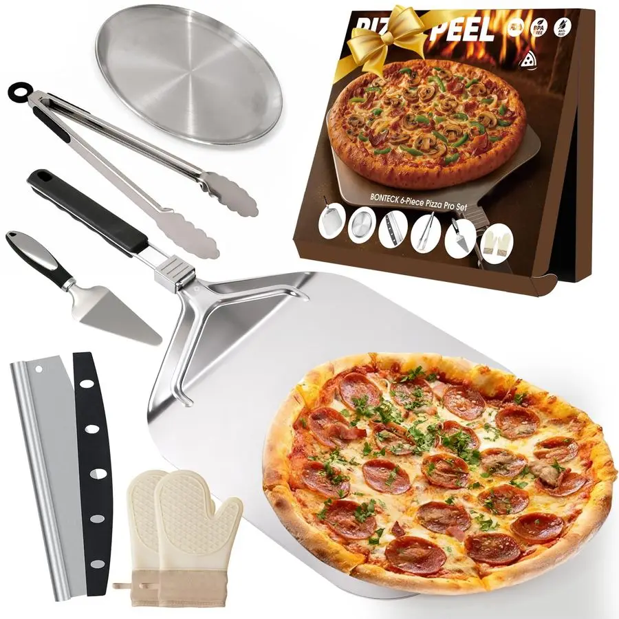 

Peel Aluminum Metal Pizza Spatula Kit 12x14 Inch Foldable Handle Paddle 6Pcs Pizza Oven Accessories with Rocker Cutter, Pizza Pa