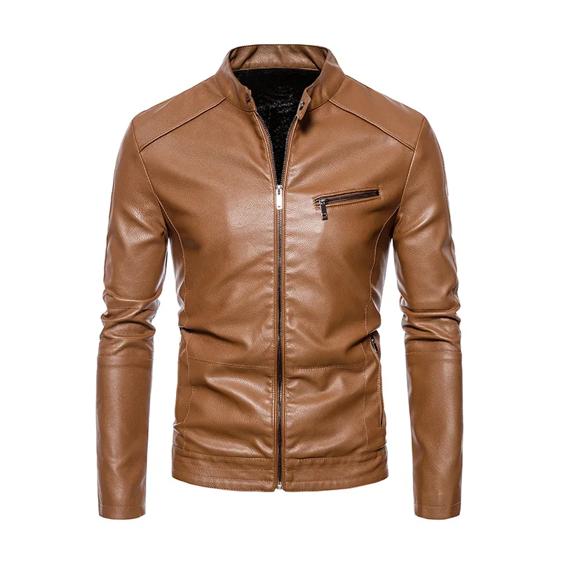 KIDWHXR Man Leather Jacket Autumn Winter Slim Thicken Fleece Male Outerwear Motorcycle Punk Windproof Waterproof Men Coat