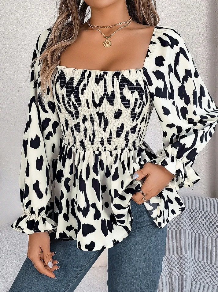 Casual Square Neck Leopard Print Long Sleeved Chiffon Shirt for Women women\'s blouses trend 2025