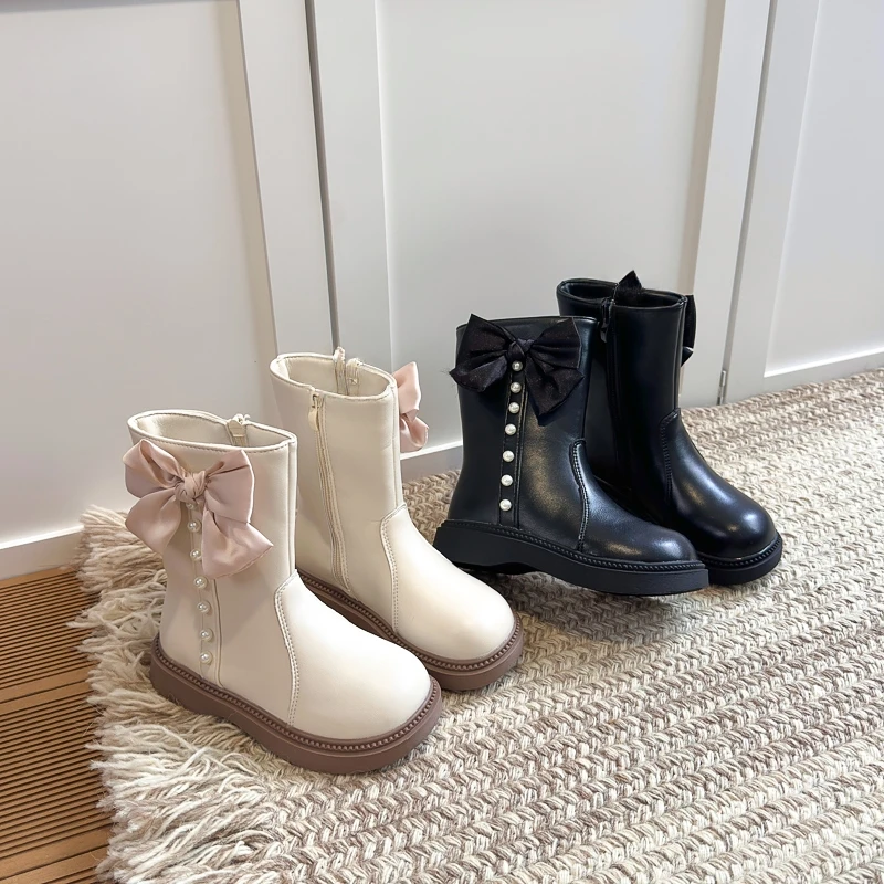 Girls Mid Calf Boots Bow Pearl Decor Side Zipper Kids Fashion Boots Non-Slip Toddler Shoes for Autumn Winter Outdoor Daily