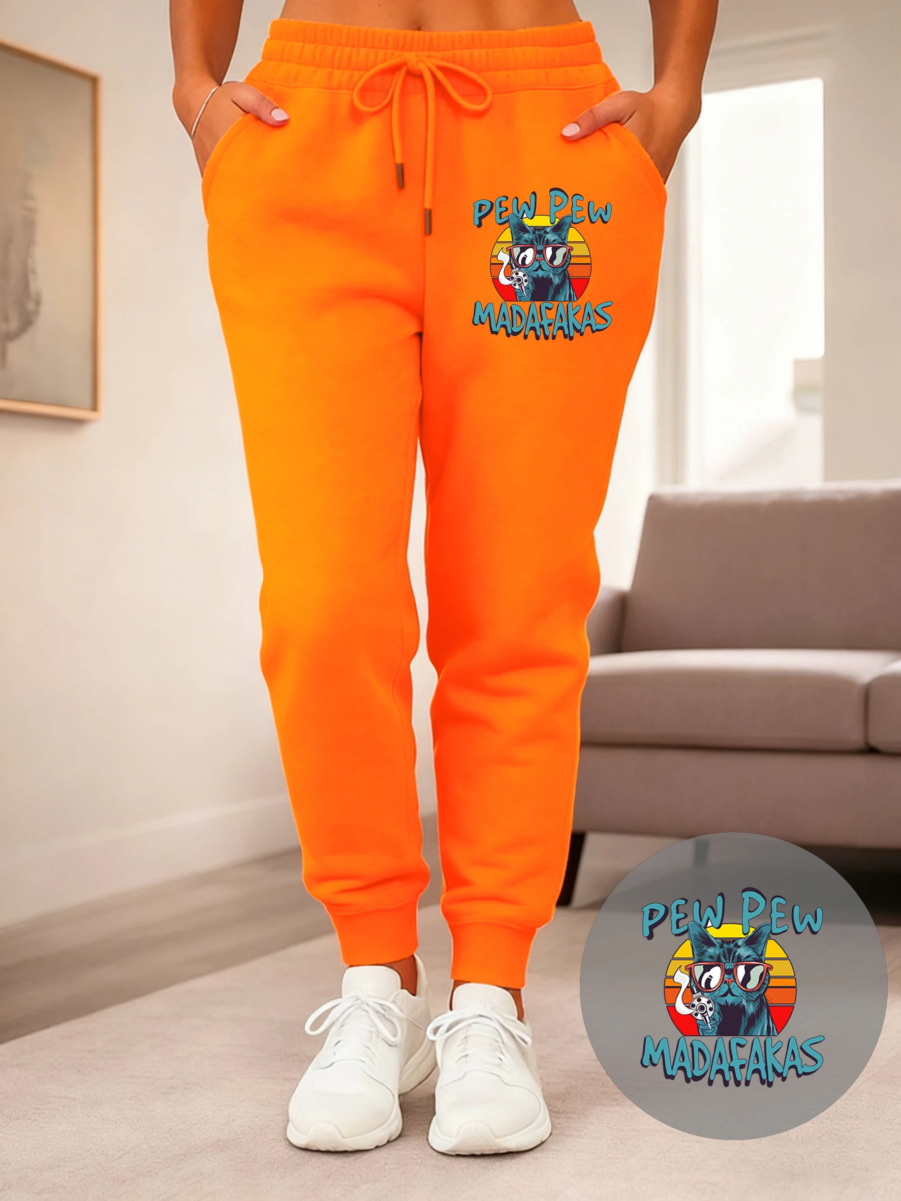 Funny Pew Pew Madafaka Cat Printing Sweatpants Casual Sport Jogging Pants Versatile Pocket Long Pant Fleece Autumn Woman Clothes