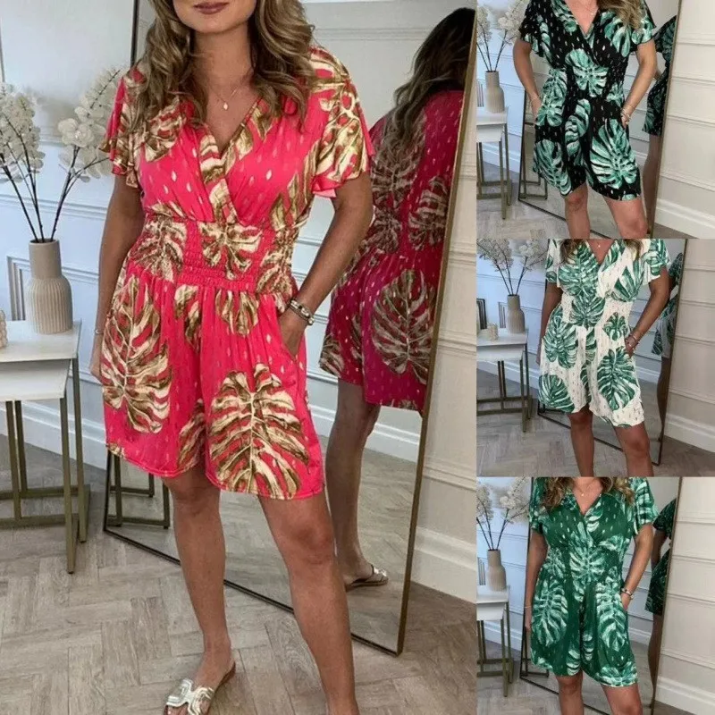 

Summer Women's Clothing V Neck Printed Short Sleeve Waist Cinched Pockets Capri Jumpsuit For Woman Elegant Casual Acetate