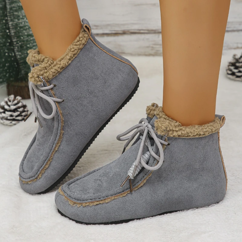 

Women's Winter New Round Headed Solid Color Plush Ankle Boots Comfortable Flat Bottomed Inner Height Increasing Women Shoes