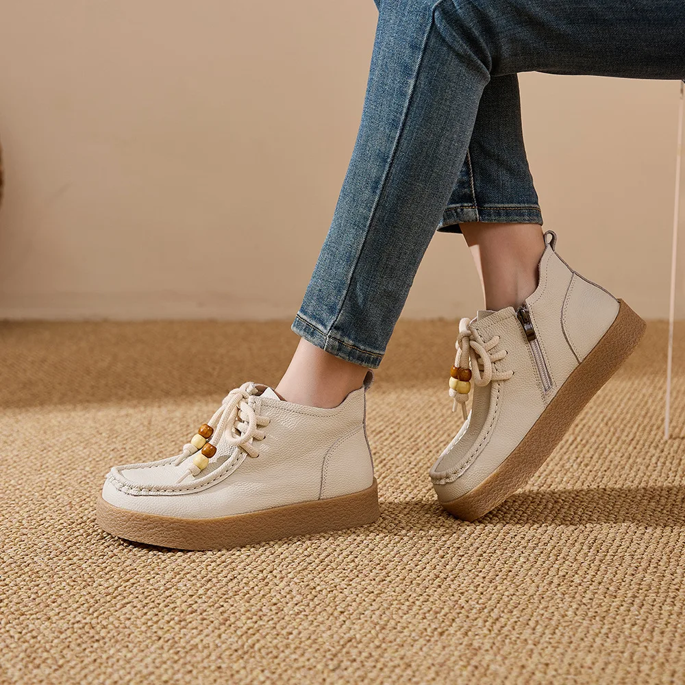 Neue Echtleder-Schnürstiefeletten für Damen, Klassische Perlen-Bootsschuhe, Damen-Reißverschluss-Stiefeletten, Weiche Casual-Booties, Bequeme Urlaubsstiefel – Detail 6