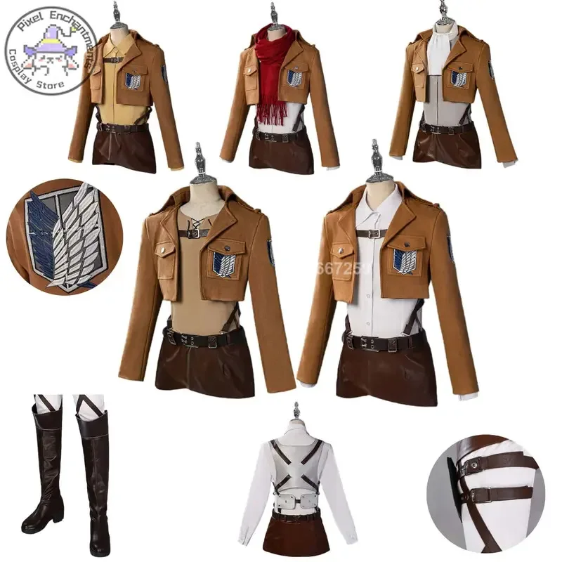 

Anime Attack on Titan Cosplay Costume Eren Mikasa Role Playing Clothes Brown Coat Skirt for Women Shoes Comic Con Party Suit Set