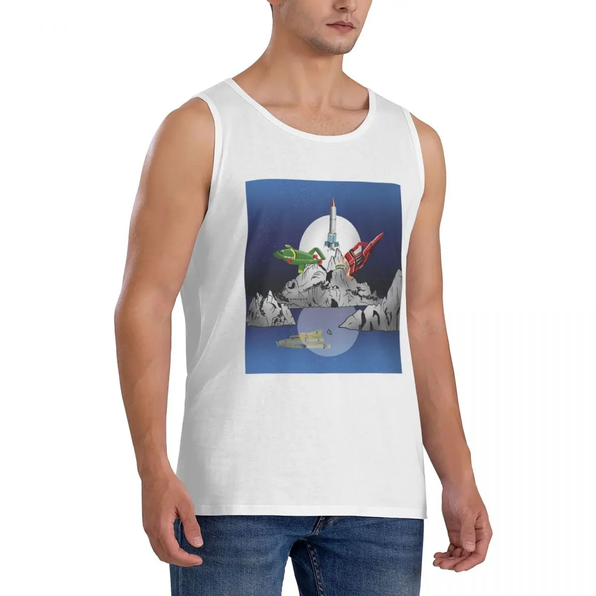 100% Cotton Thunderbirds Tracy Island Sleeveless T-Shirt Men Workout Sports Clothing Tops Men's Crew Neck Vest