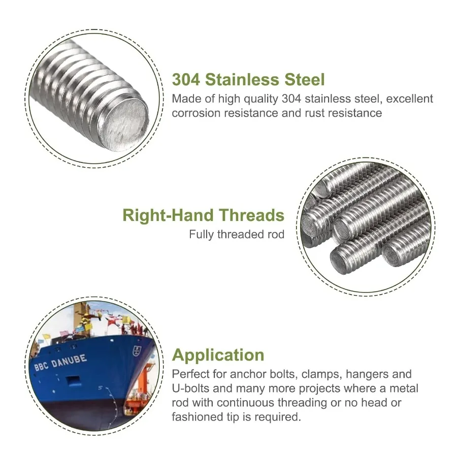 قضيب ملولب بالكامل M61.0 ملعب 50 مللي متر طول 304 خيط من الفولاذ المقاوم للصدأ شريط ترصيع قضبان خيوط يمين 20 قطعة #4