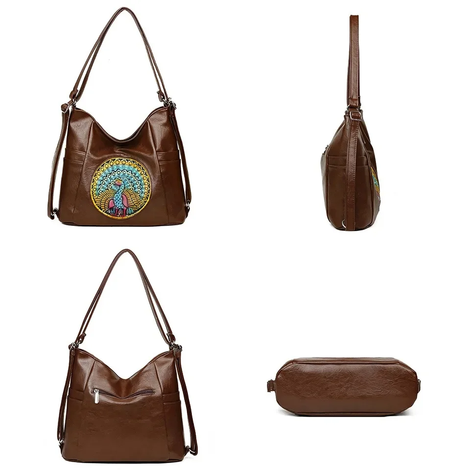 Mochila de viaje de pavo real de cuero PU Retro de alta calidad, bolsos de hombro antirrobo de gran capacidad a la moda para mujer, bolso informal para mujer