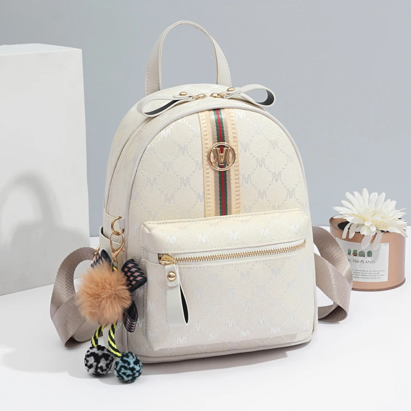 Fashion retro letter diamond-shaped printed backpack, all-matching travel backpack, exquisite small pompom pendant decoration