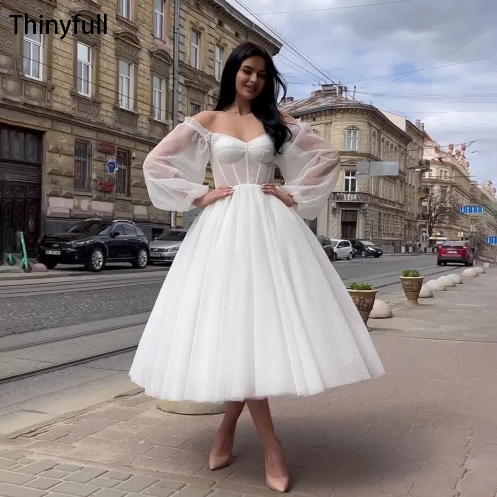 Thinyfull Short A Line Wedding Party Dresses Lace Up Off Shoulder Bridal Dress Long Sleeves Corset Bone Bride Wedding Gowns