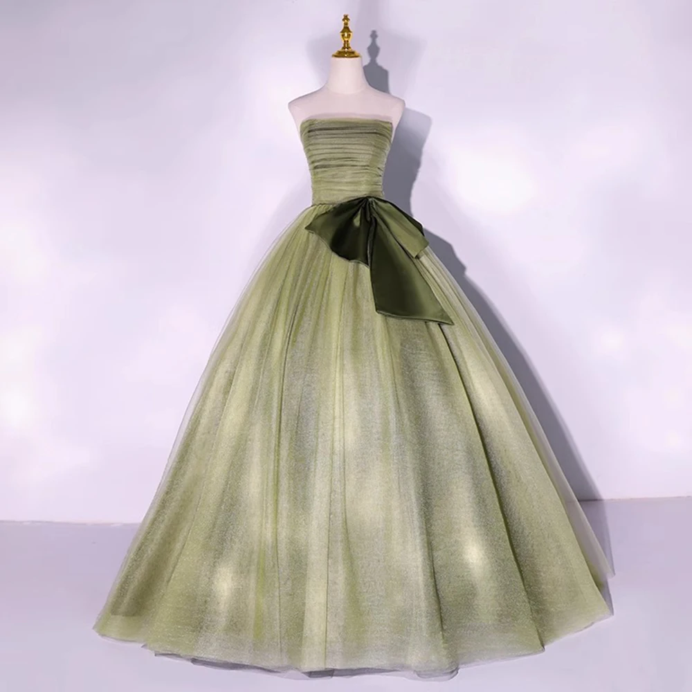 

Light Luxury Light Green Evening Dress Women's Strapless Backless Birthday Party Gown Satin Bow Applique Performance Vestido