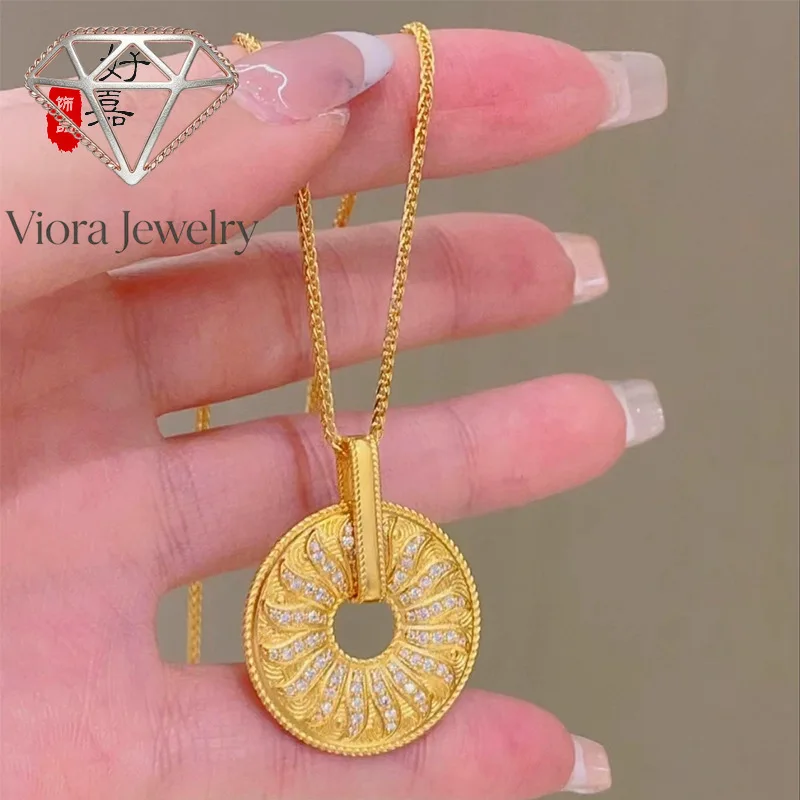 

Viora Jewelry Luxury fashion 9999 24K real gold sun wheel necklace noble sweater chain diamond pendant niche high-end feeling