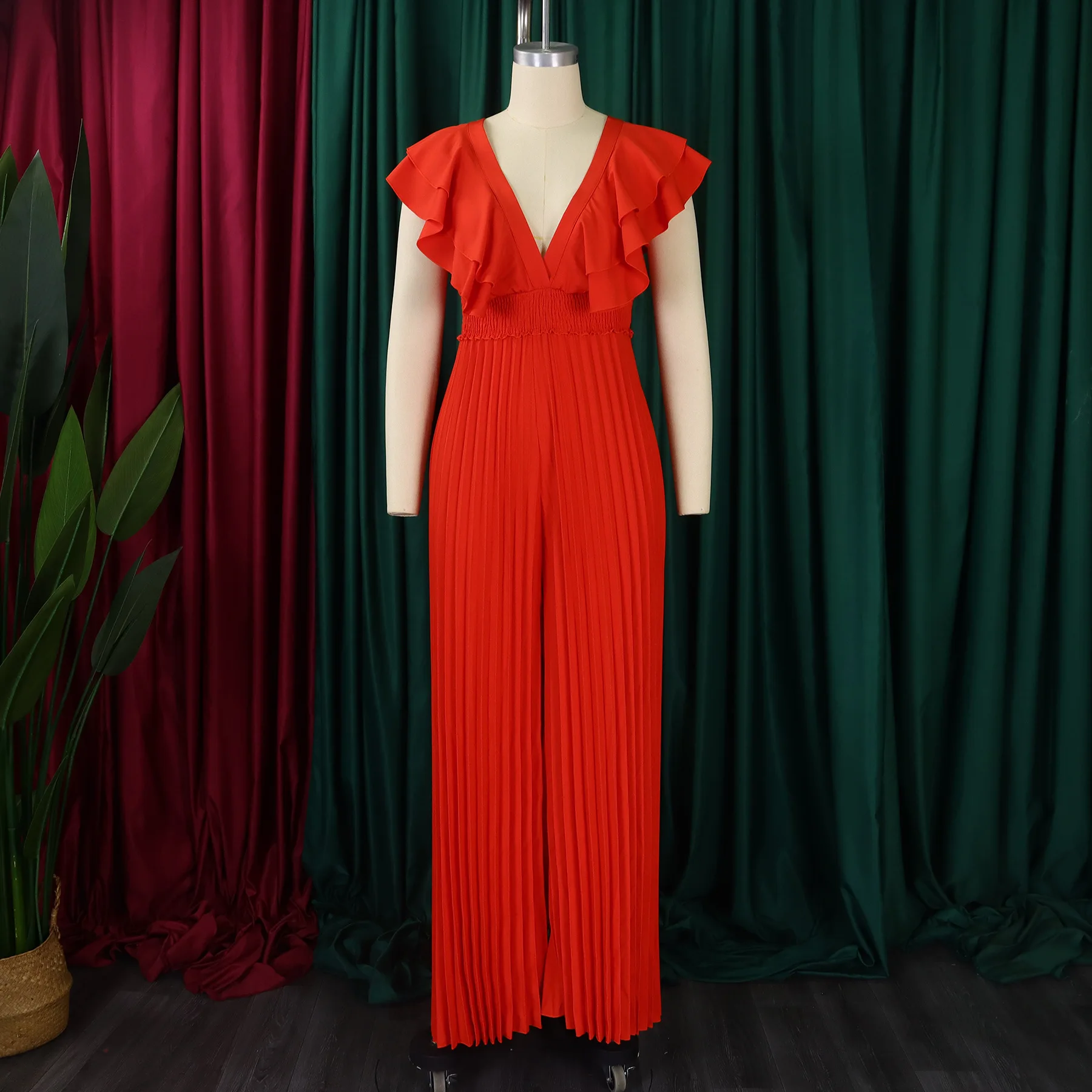 

Elegant Pleated Jumpsuits & Rompers for Women V Neck Ruffles Sleeve High Waisted Floor Length Luxury Birthday Party Dinner Cloth