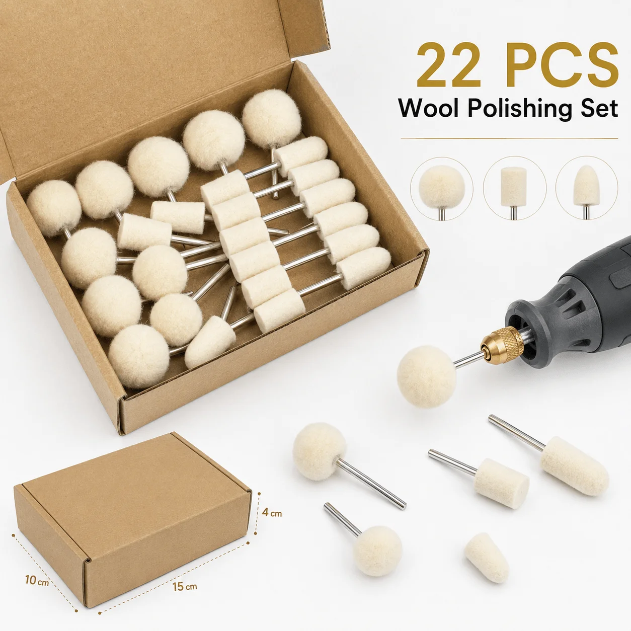 22pcs Wool Polishing Kit for Rotary Grinding And Polishing Tools- 10 Spherical + 6 Cylindrical 3X12Mm + 6 Conical 3X12Mm Heads (3Mm/1/8