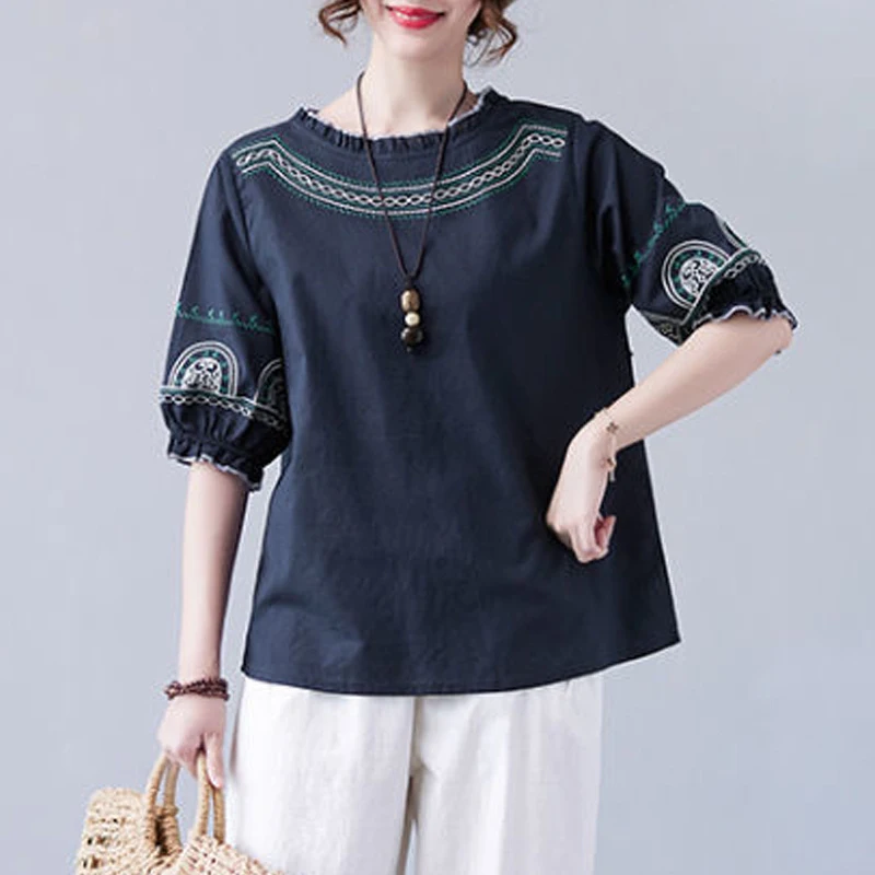 Retro Ethnic Style Embroidery Ruffle Chic Cotton Linen Ladies Tops Blouses Summer Round Neck Loose Half Sleeve Shirts for Women