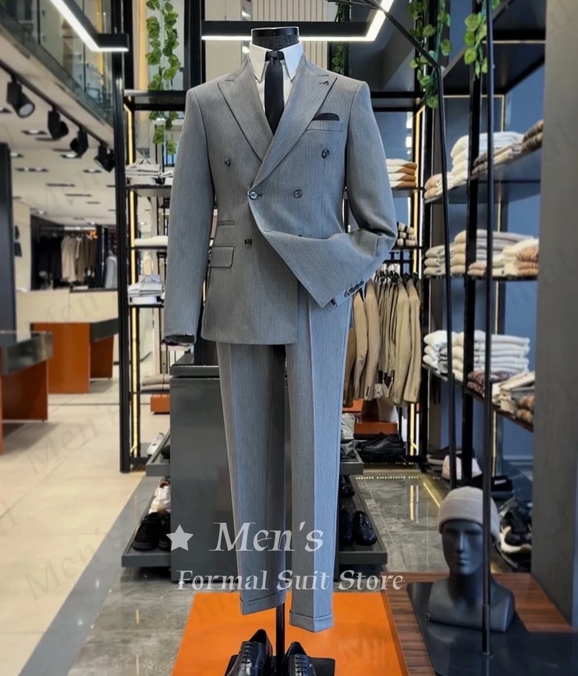 Light Grey Wide Peak Lapel Double Breasted Two Piece Suit Men Blazer Matching Pants Wedding Prom Business Office Customized