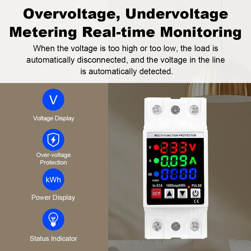 شاشة 3IN1 63A قابلة للتعديل من الجهد الزائد وتحت الجهد جهاز حماية التتابع على حد الحماية الحالي