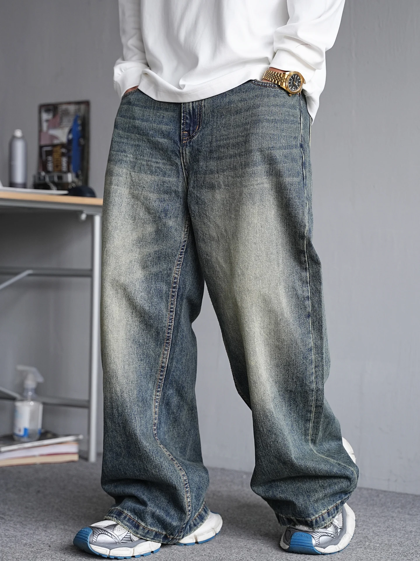 

American High Street Vintage Faded Men's Jeans Loose Straight Leg Trendy Large Size Floor-Length Wide Leg Pants