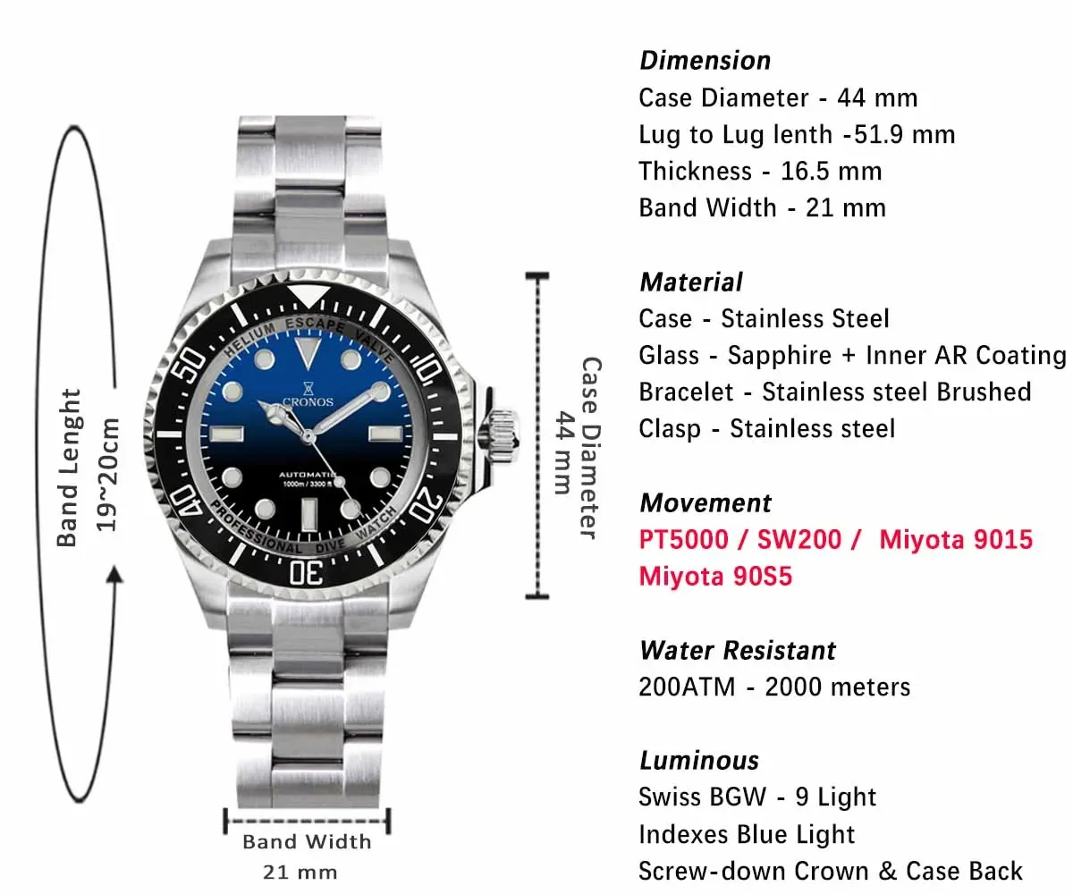 2025 New TOP  Cronos Automatic Diving Watch Stainless Steel 2000 Meters Water Resistance Professional Diver 9015/90S5 L6039M