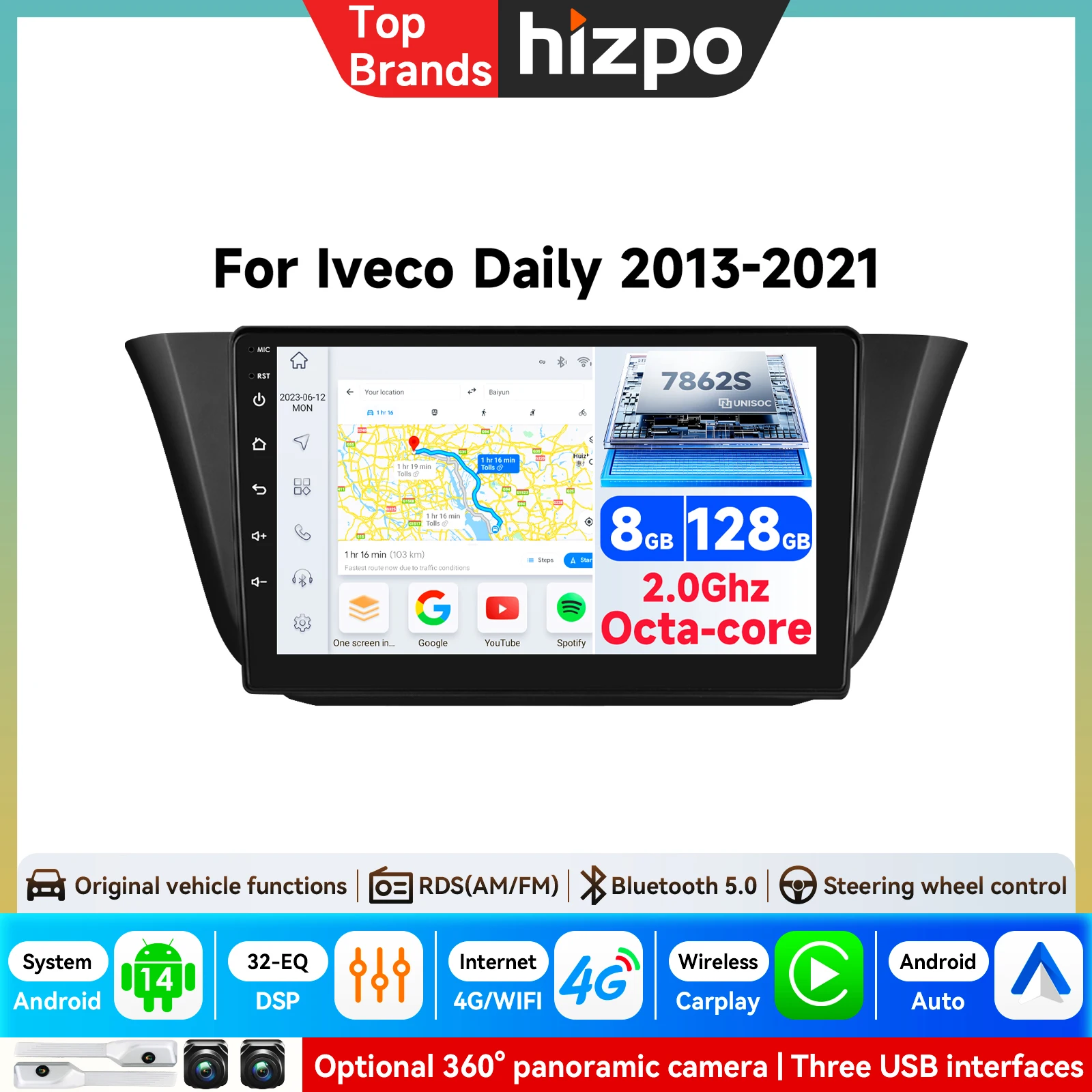 Hizpo 9 Zoll Android Carplay Auto für Iveco Daily 2013-2021 Autoradio Multimedia-Videoplayer 5G WLAN GPS-Navigation Haupteinheit