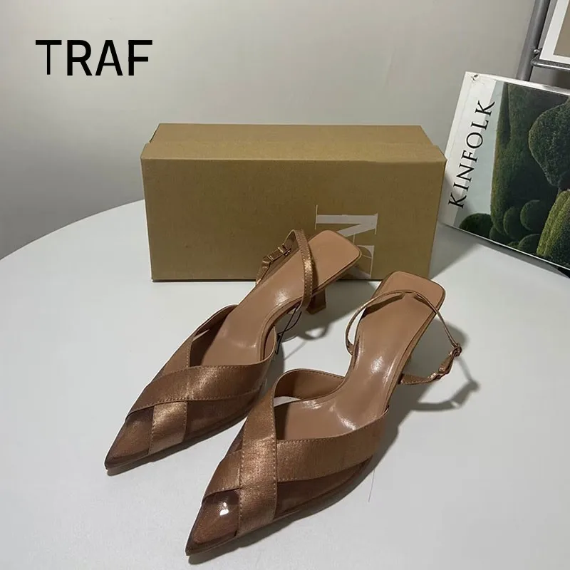 

TRAF Women High Heels Sandals 2024 Summer Low Heed Sandals Brown Black Pointed Slingbacks Luxury Brand Woman Shoes Chic Office