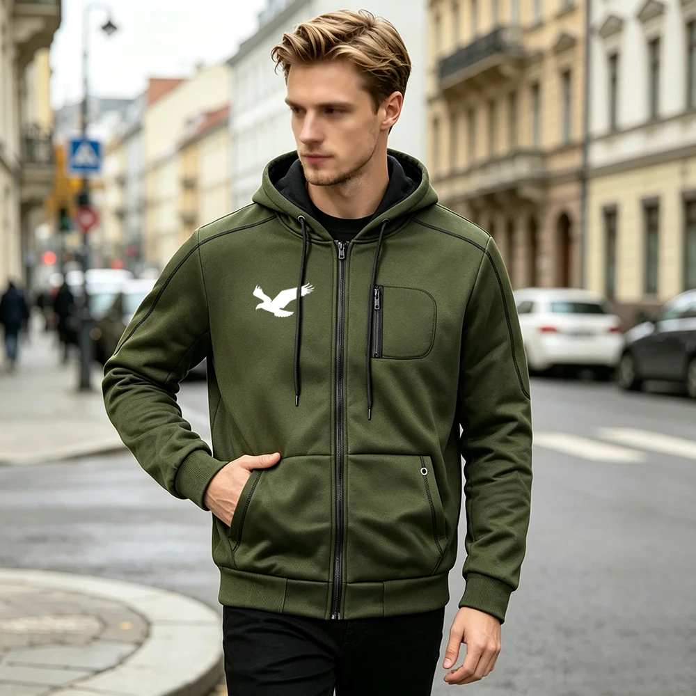 Men's Full Zip Up Drawstring Hoodie Jacket Bird in Flight Print Chest Zipper Pocket Casual Outerwear For Daily Running Workout