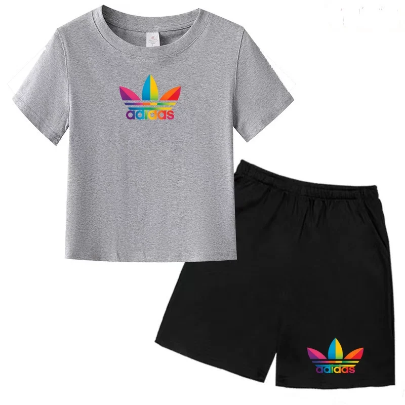 Sommer-T-Shirts für Kinder im Alter von 3-12 Jahren, Sportbekleidung für Jungen und Mädchen, Kurzarm + kurze Hosen. Marken-Set – Detail 4