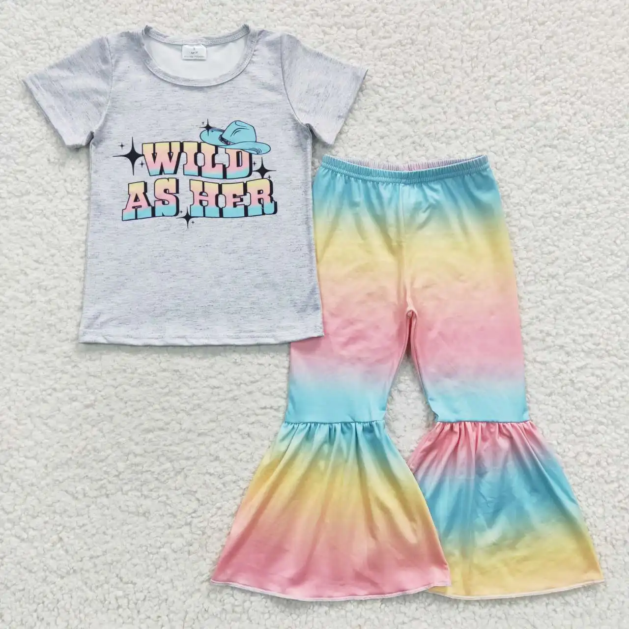 

GSPO0656 Children Boutique Outfits Short Sleeve Letter Print Top With Bell Bottom Pants Kids Girl Clothes