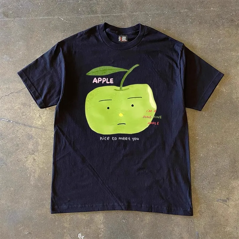 ¡ 260 gramos de camiseta de algodón pesado! Camiseta retro de manzana verde con viento perezoso, camisa de manga corta