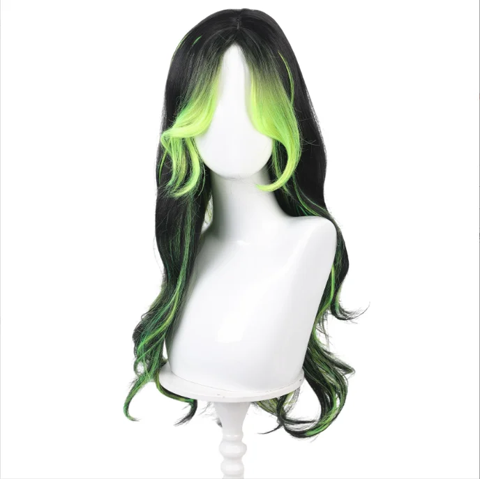 Layered Long Curly Synthetic Wig Black Bright Green Highlight Curtain Bangs Daily Cosplay Wig