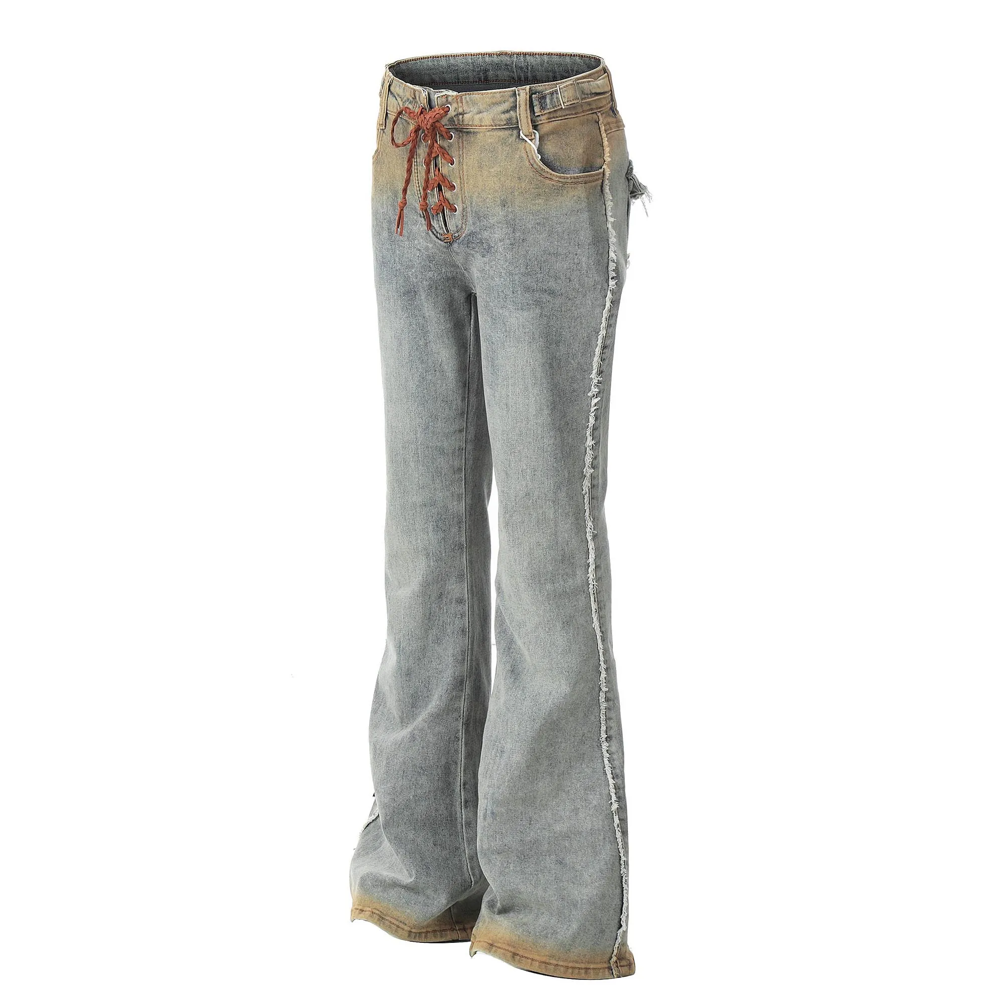 Drawstring Lace Up Slim Fit Flared Jeans Vintage Gradient Washed Bell Bottom Frayed Edge Distressed Flare Denim Trousers Street