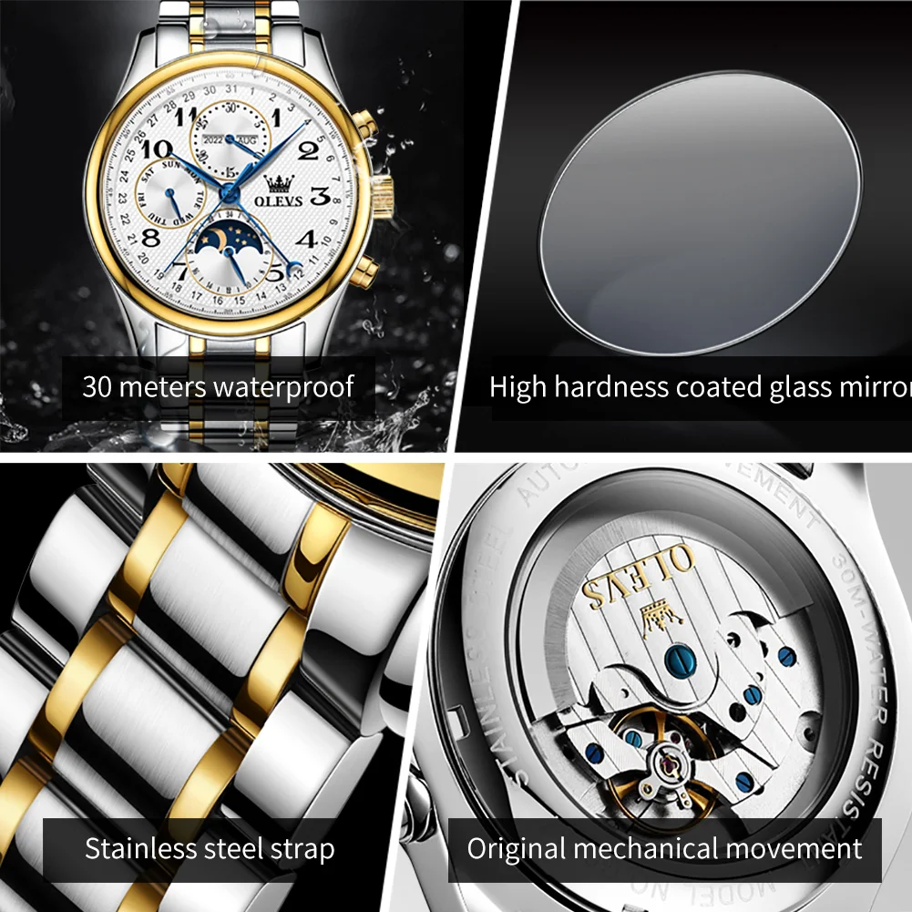 OLEVS 2022 New Mechanical Watch for Men Stainless steel Luxury Waterproof Multi-function Week Date Luminous Men Watch Automatic