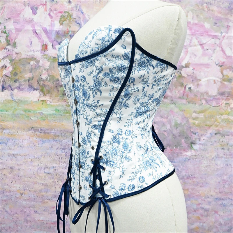 Vintage Palace Style Overbust Corset Tops Women Floral Print Body Shaper Lace Up Boned Bodice Gothic Shaping Lingerie Bustier