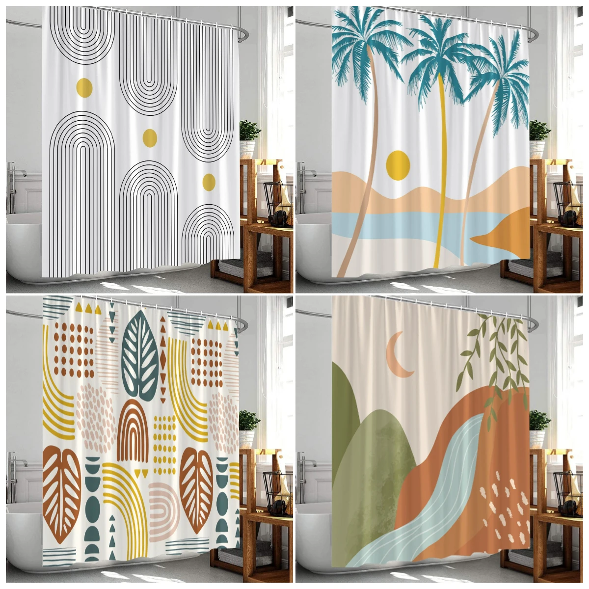 Creative Mid Century Shower Curtains Tropical Leaves Coconut Tree Waterfall Abstract Boho Art Modern Home Bathroom Curtain Decor